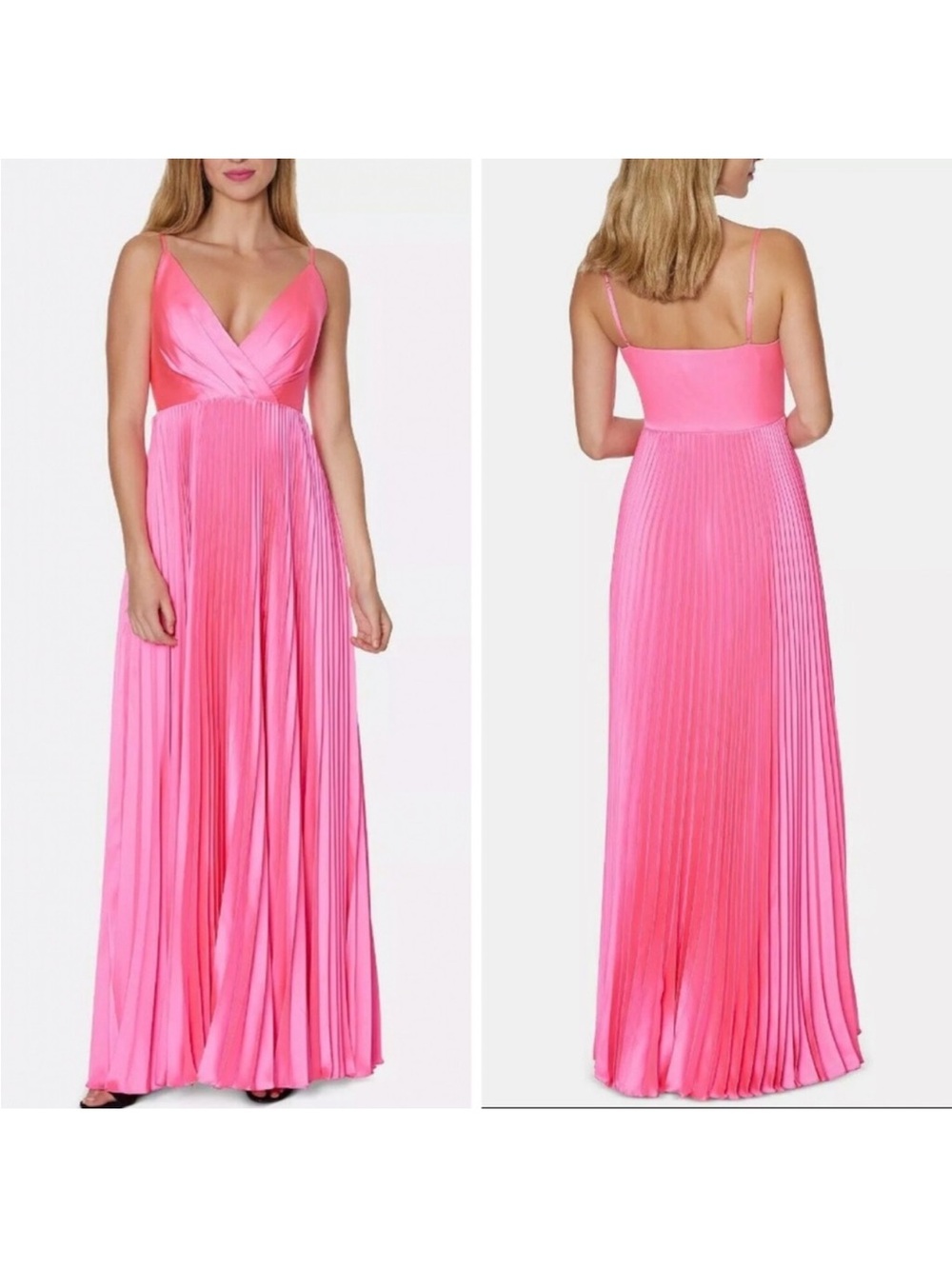 Laundry By Shelli Segal Hot Pink Pleated V-Neck Maxi Dress - Picture 1 of 6